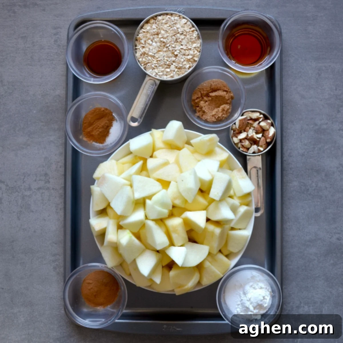 Guilt-Free Apple Crisp 3 Ingredients for making apple crisp, neatly arranged on a counter