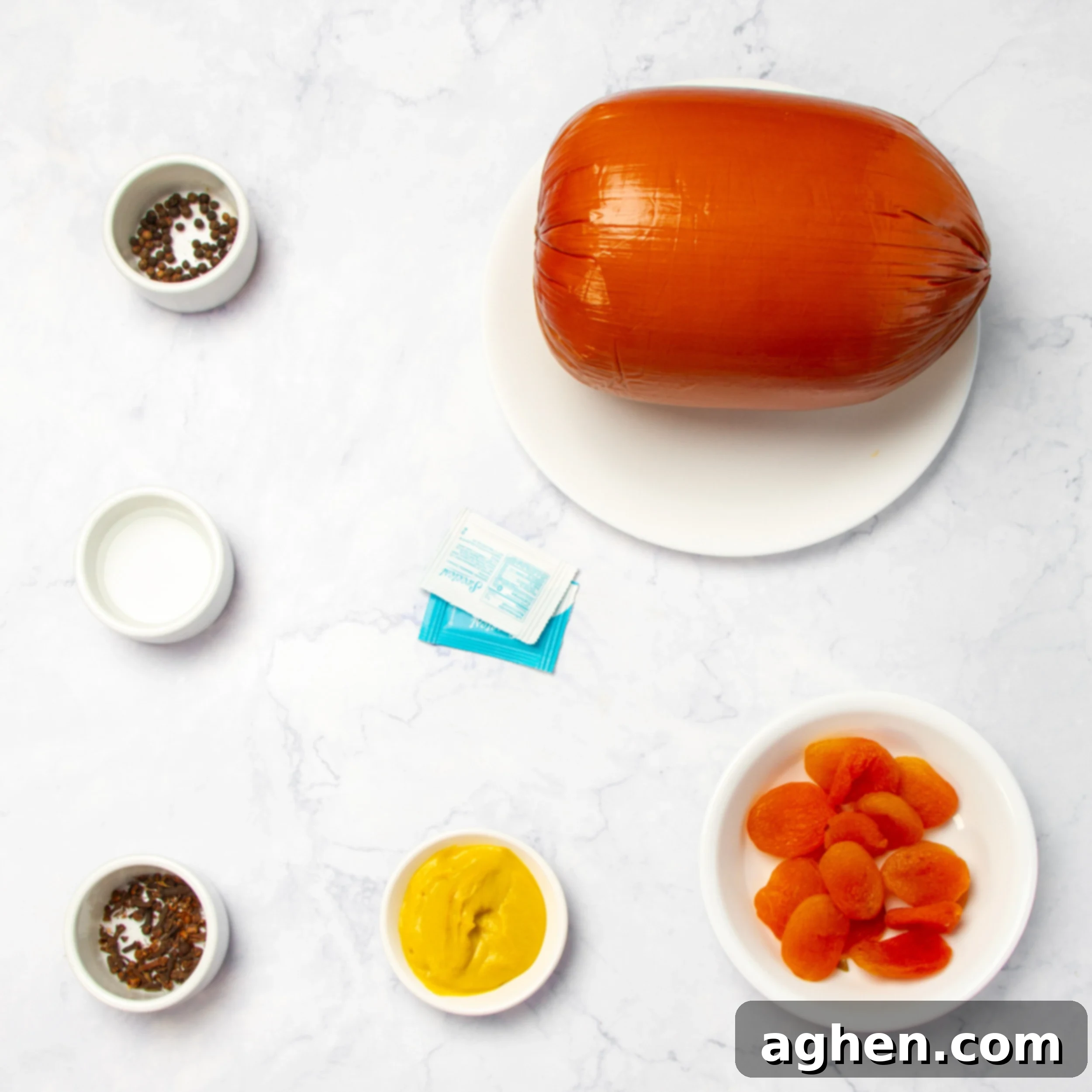 Weight Watchers Holiday Ham-Style Glazed Turkey 3 Weight Watchers glazed ham ingredients on a counter.