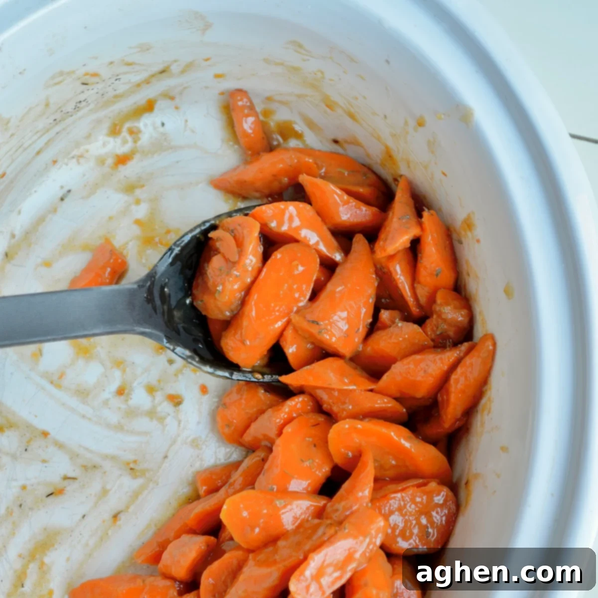 Slow Cooker Golden Candied Carrots 2 Slow cooker carrots in a bowl, ready to serve.
