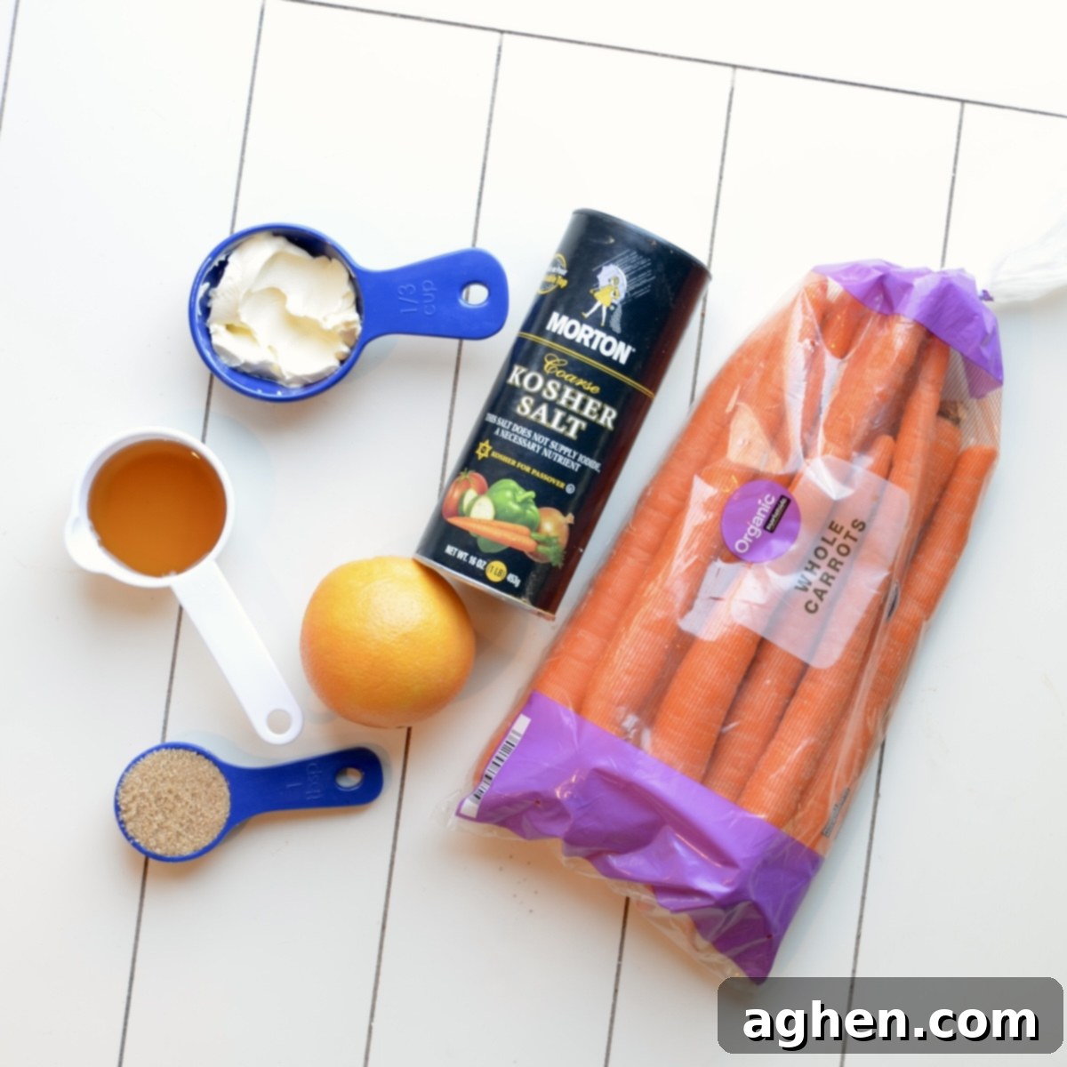 Slow Cooker Golden Candied Carrots 3 Ingredients laid out for making candied carrots.