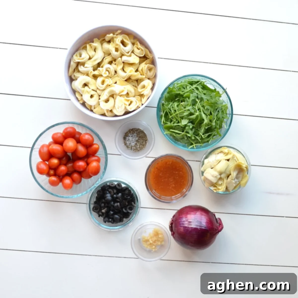Smart Tortellini Salad 3 Ingredients needed for tortellini salad laid out