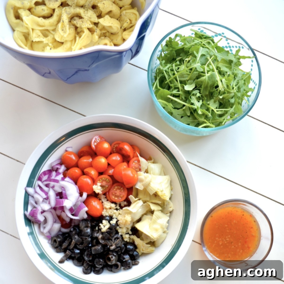 Smart Tortellini Salad 4 Chopped ingredients for tortellini salad in bowls