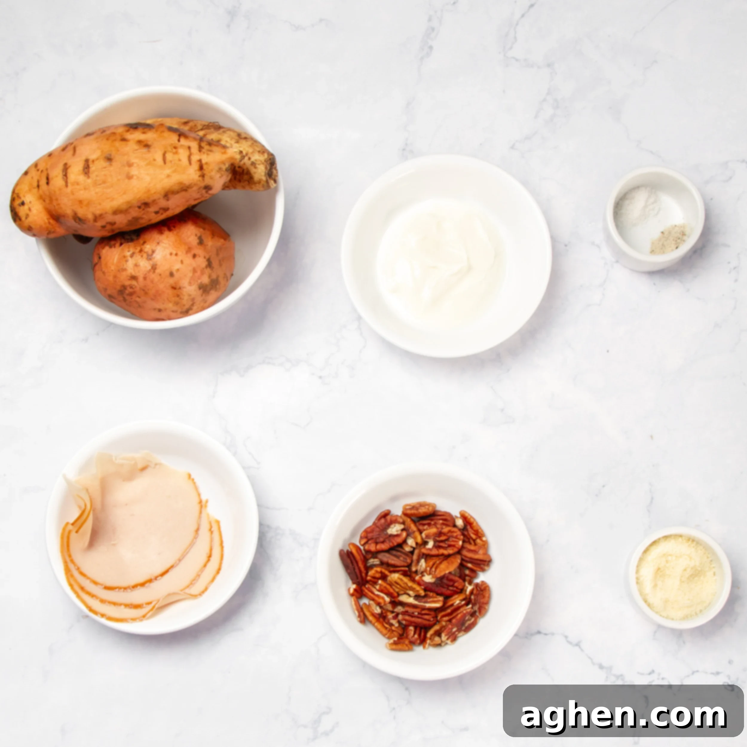 Ultimate Twice-Baked Sweet Potatoes 3 Twice-baked sweet potato ingredients in separate dishes on a counter.