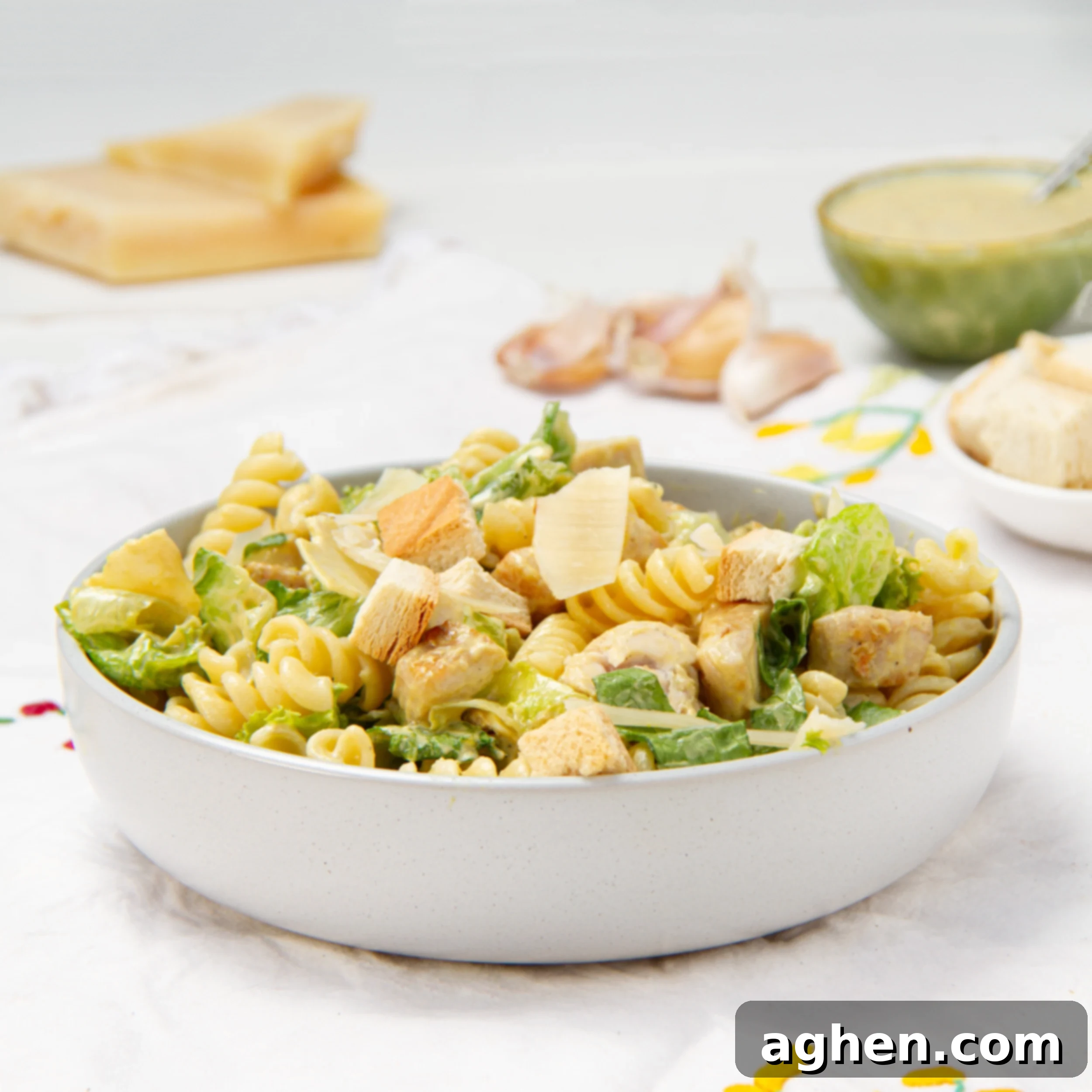 Weight Watchers' Iconic Chicken Caesar Pasta Salad 2 Healthy and delicious Chicken Caesar Pasta Salad in a bowl—just in time for summer!
