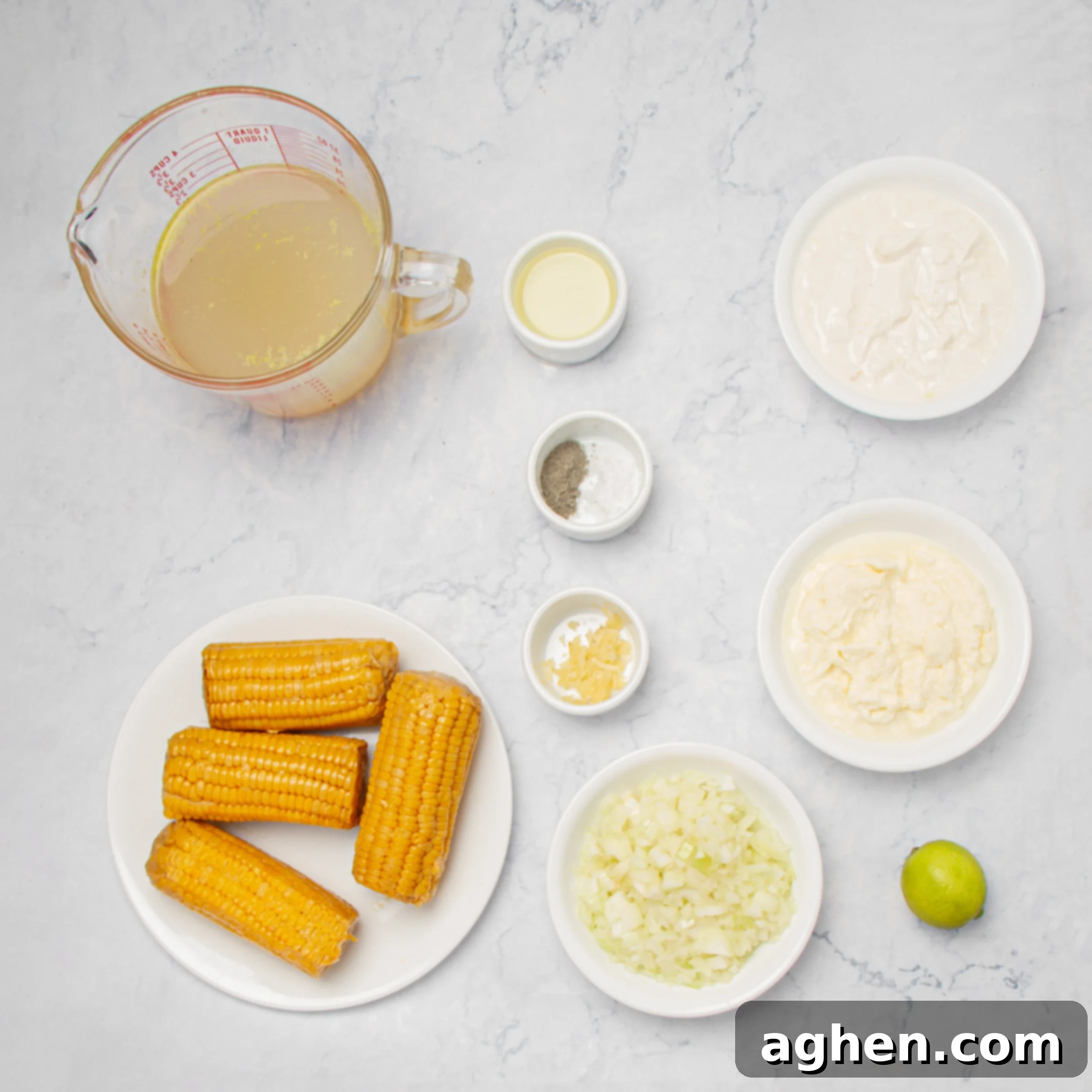 Zesty Mexican Corn Chowder 3 Ingredients for Mexican street corn soup in separate dishes.