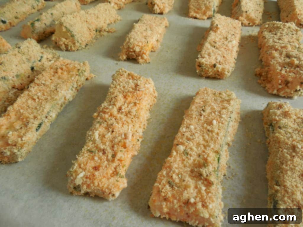 Kickin Ranch Zucchini Fries 5 Freshly baked Spicy Ranch Zucchini Fries on a baking sheet