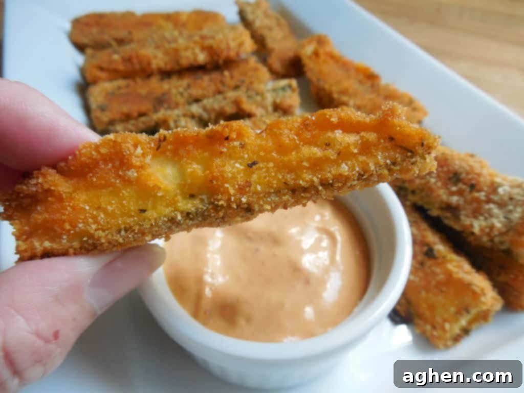 Kickin Ranch Zucchini Fries 6 Spicy Ranch Zucchini Fries arranged on a plate with dipping sauce