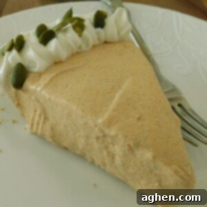 A delectable slice of lightened pumpkin spice cheesecake, garnished with whipped cream and ready to eat