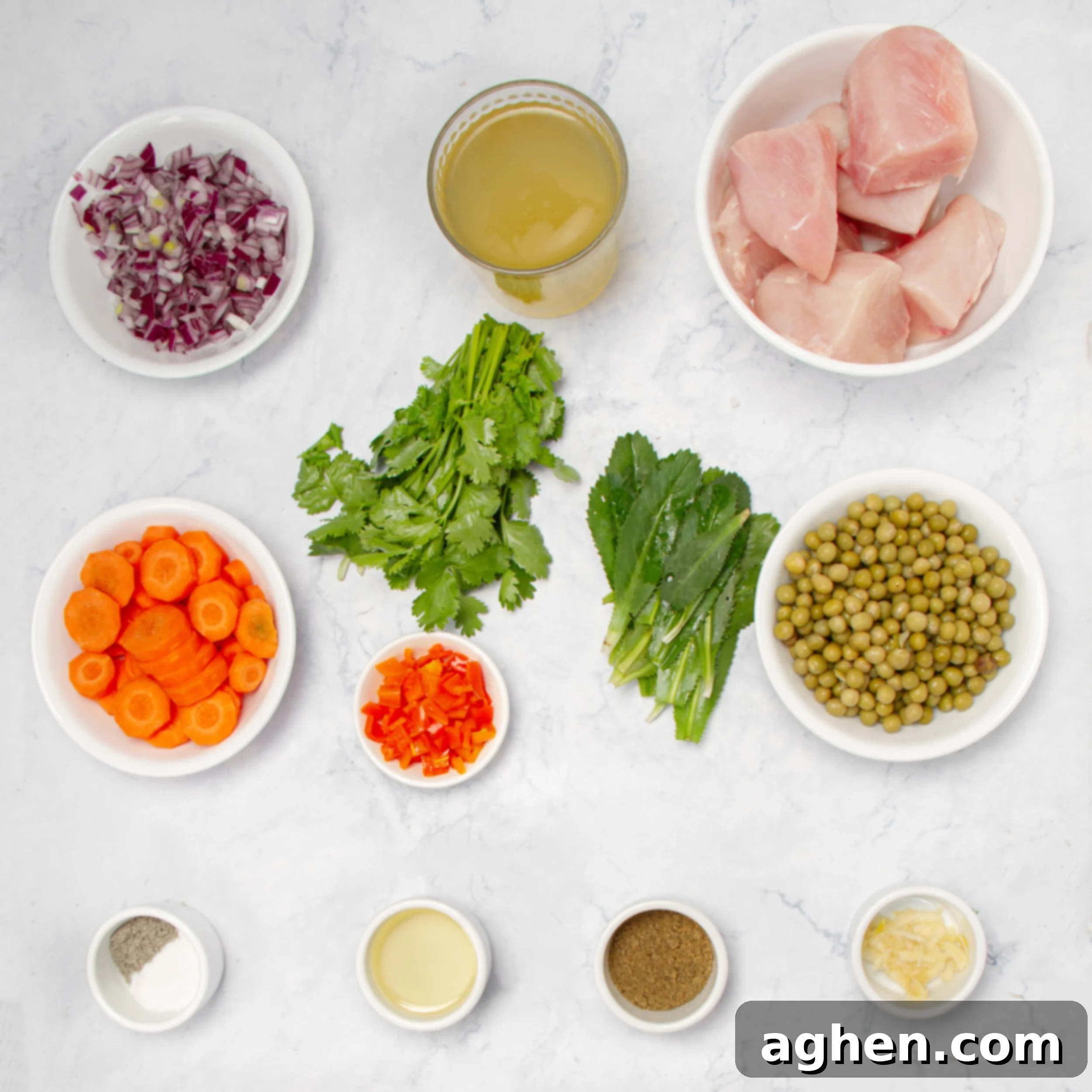 Fresh and nutritious ingredients for this Ecuadorian-style chicken stew in separate dishes. 